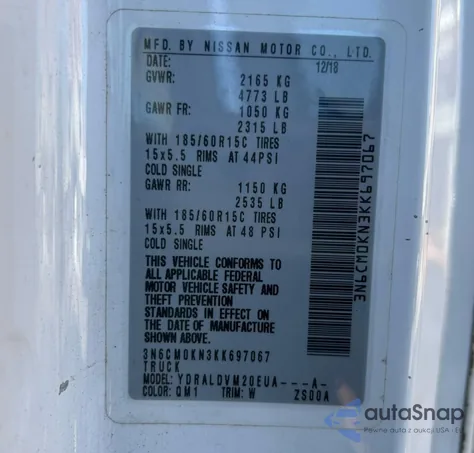 2019 Nissan Nv200 2.5S z USA, uszkodzony, nr VIN 3N6CM0KN3KK697067